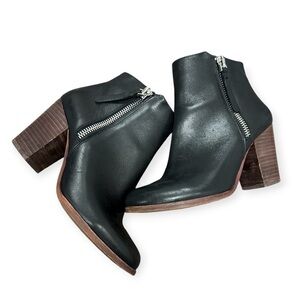 Gianni Bini Chellie Black Leather Ankle Boots with Wooden Heel